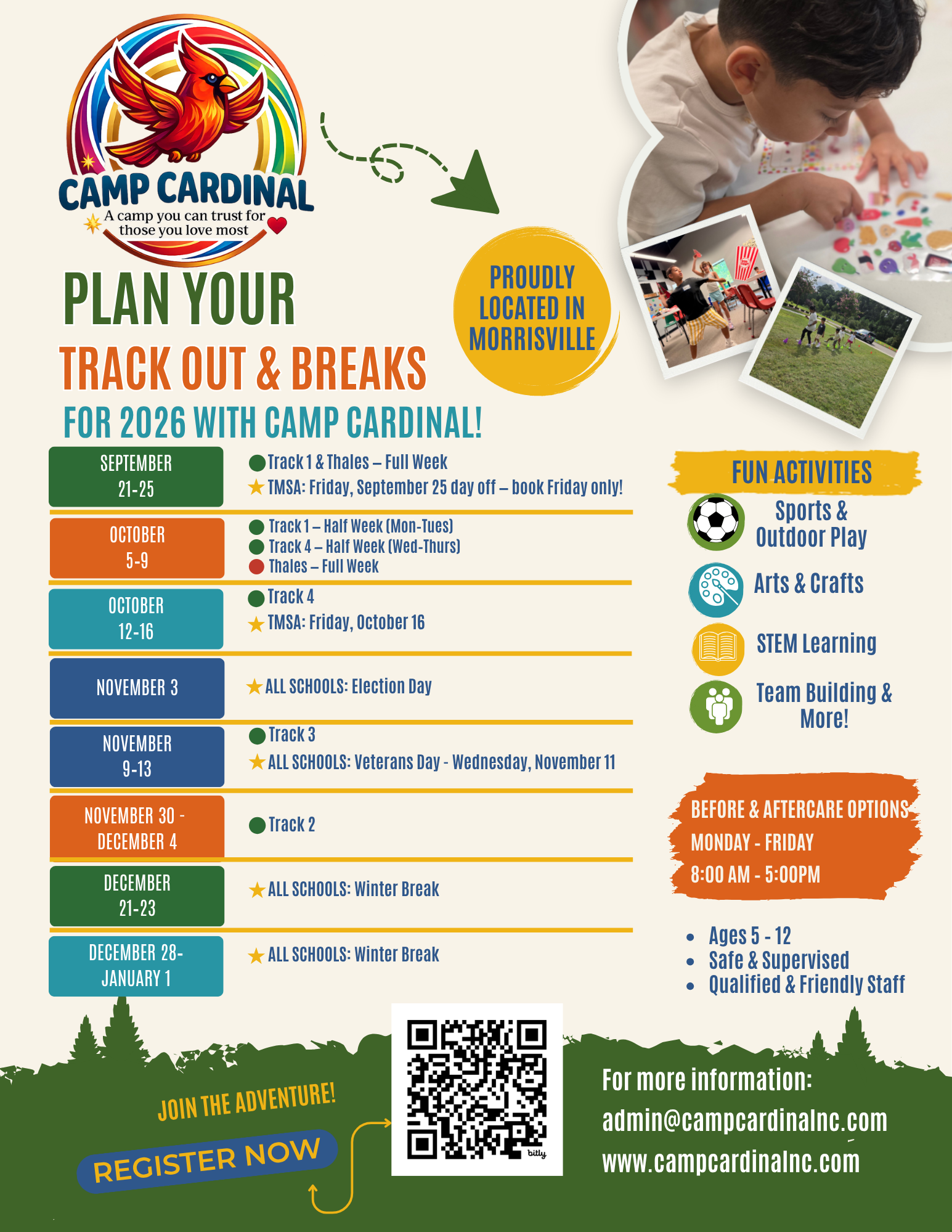 Camp Cardinal 2026 Track-Out and school-break schedule flyer