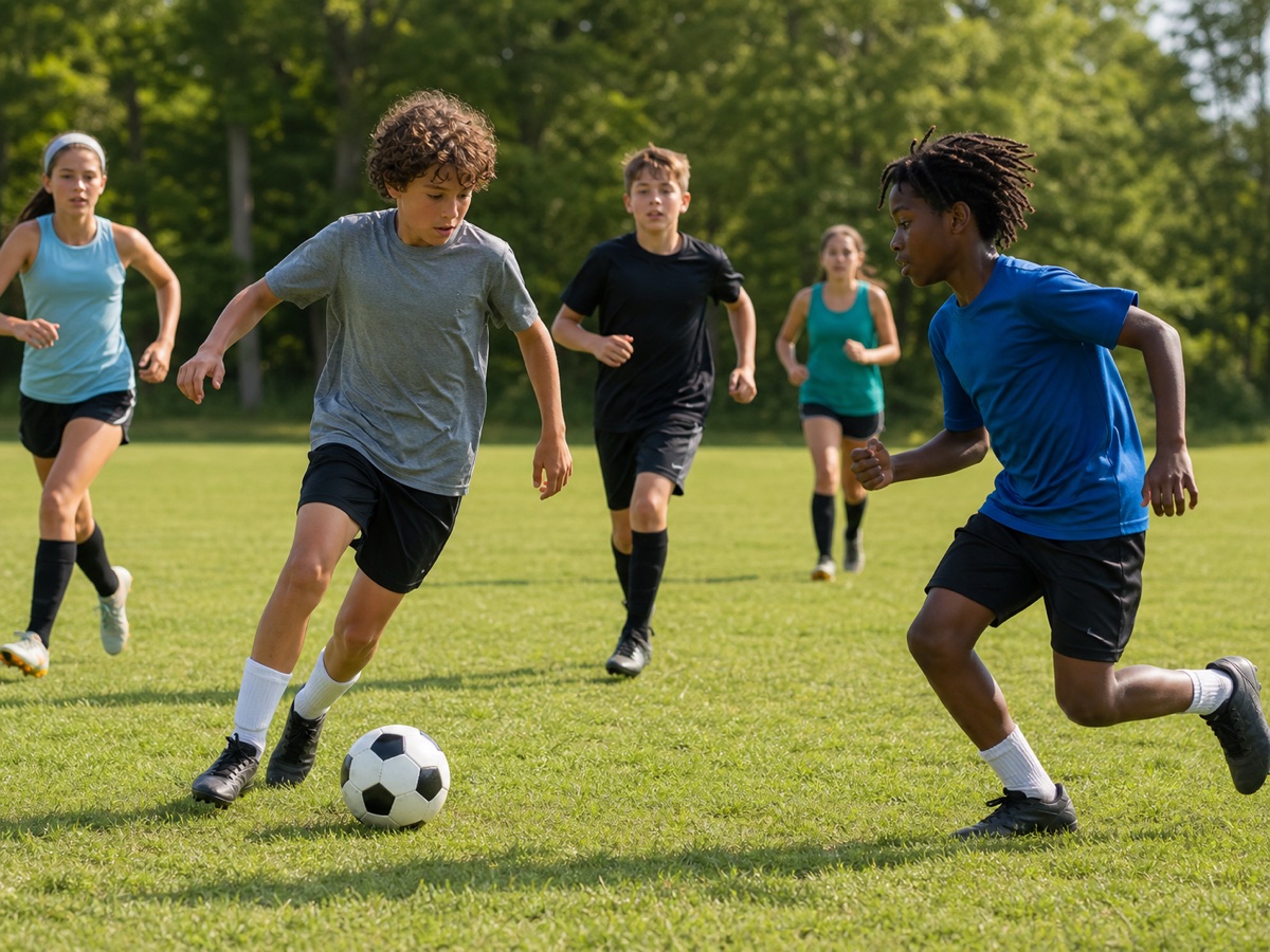 Older campers playing soccer together on an outdoor field